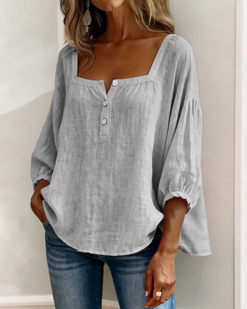 Grace | Square Neck Cotton Linen Blouse