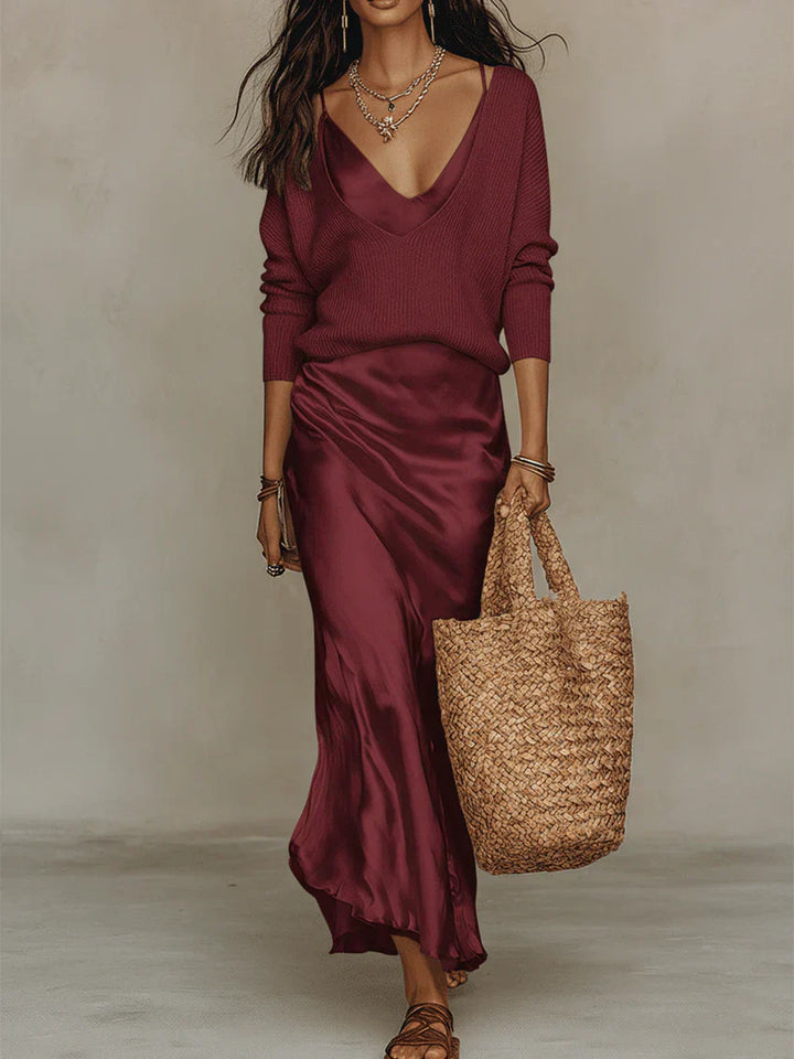 Eleanor | Satin Midi Dress with Coordinating Sweater