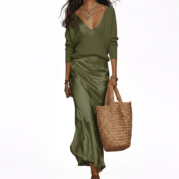 Claire | Satin Midi Dress with Coordinating Sweater