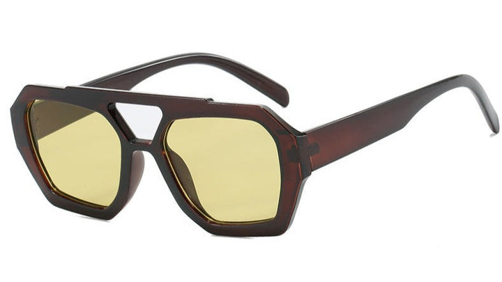 Sunglasses, geometric frame with double bridge, acetate, yellow/brown, Women's