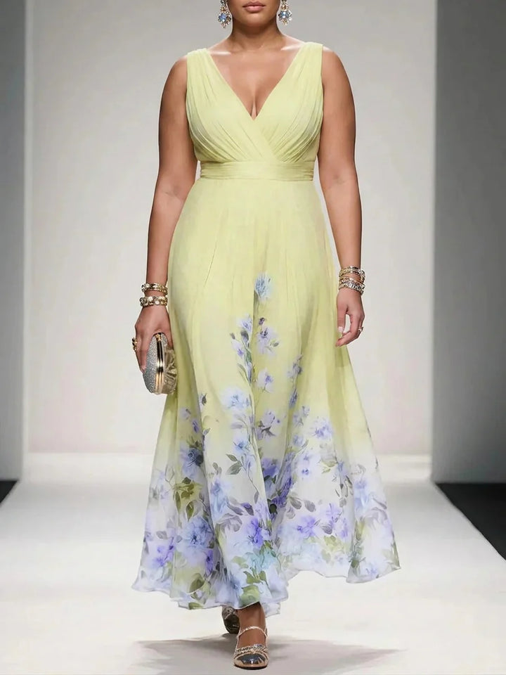 Rose | Light Blue Floral Chiffon V-Neck Maxi Dress