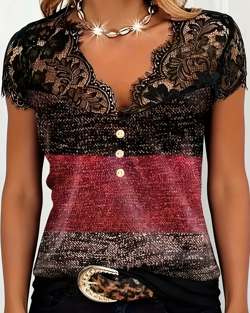Grace | Contrast Patchwork Lace V-Neck Tee