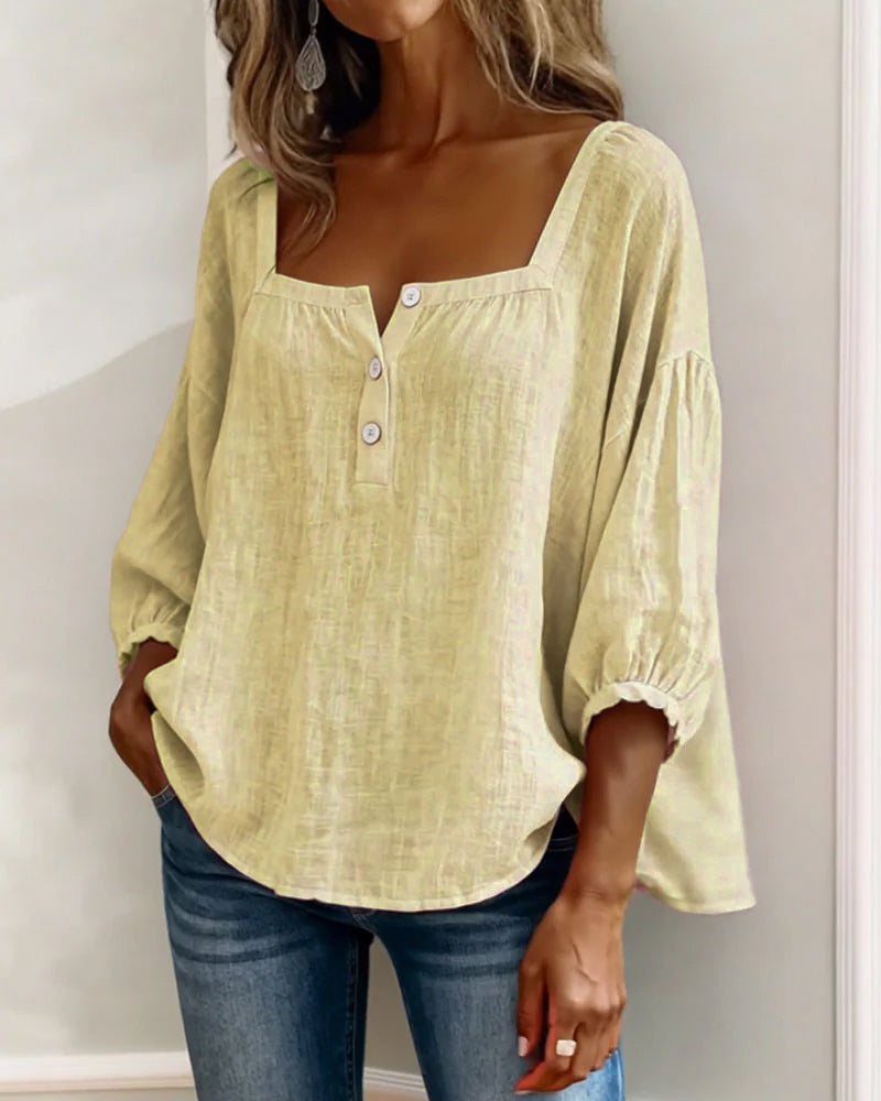Grace | Square Neck Cotton Linen Blouse