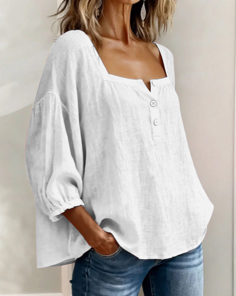 Grace | Square Neck Cotton Linen Blouse