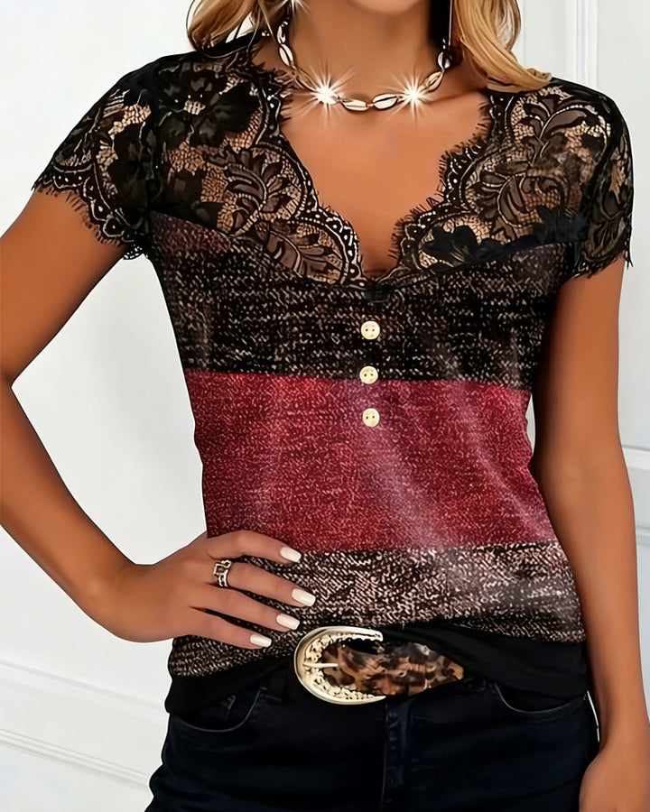 Grace | Contrast Patchwork Lace V-Neck Tee