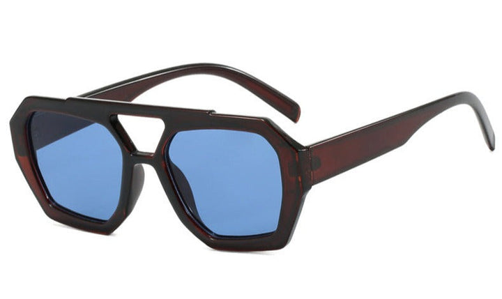Sunglasses, geometric frame with double bridge, acetate, yellow/brown, Women's