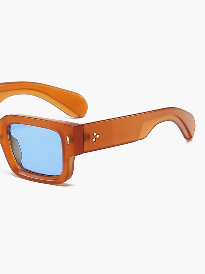 Sunglasses, transparent amber-colored frame with blue lenses, acetate, Women's