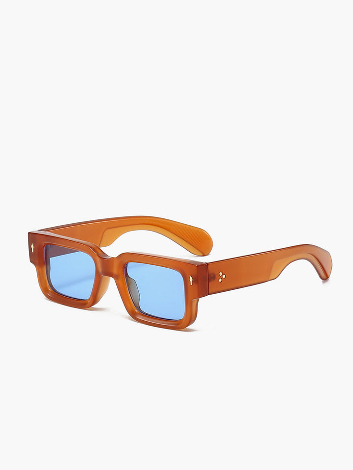 Sunglasses, transparent amber-colored frame with blue lenses, acetate, Women's
