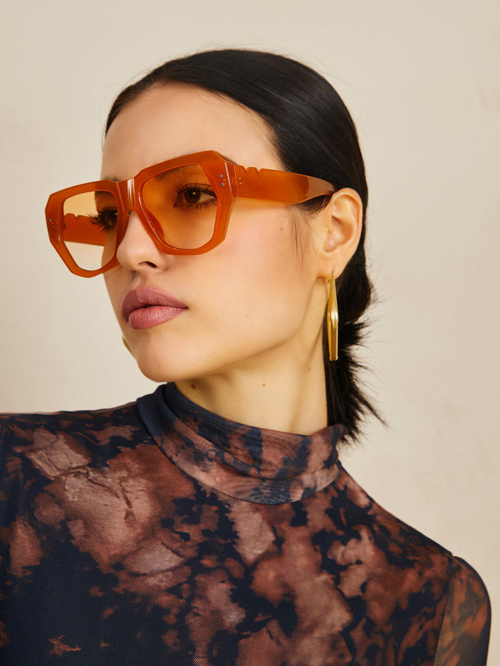 Sunglasses, light brown geometric oversized frame, acetate, women's