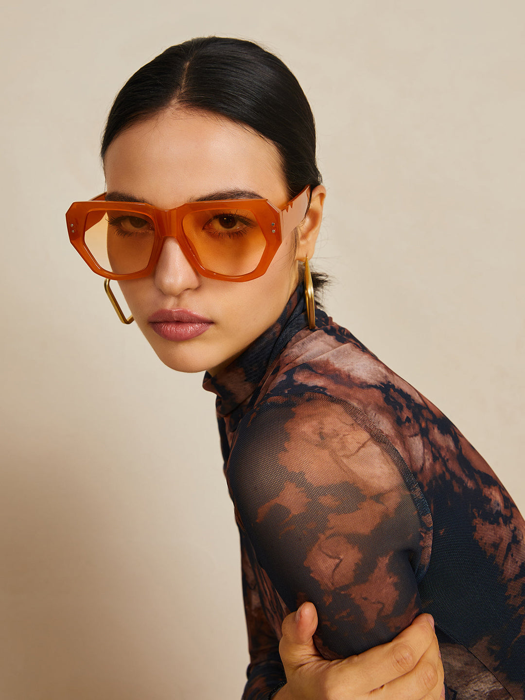 Sunglasses, light brown geometric oversized frame, acetate, women's