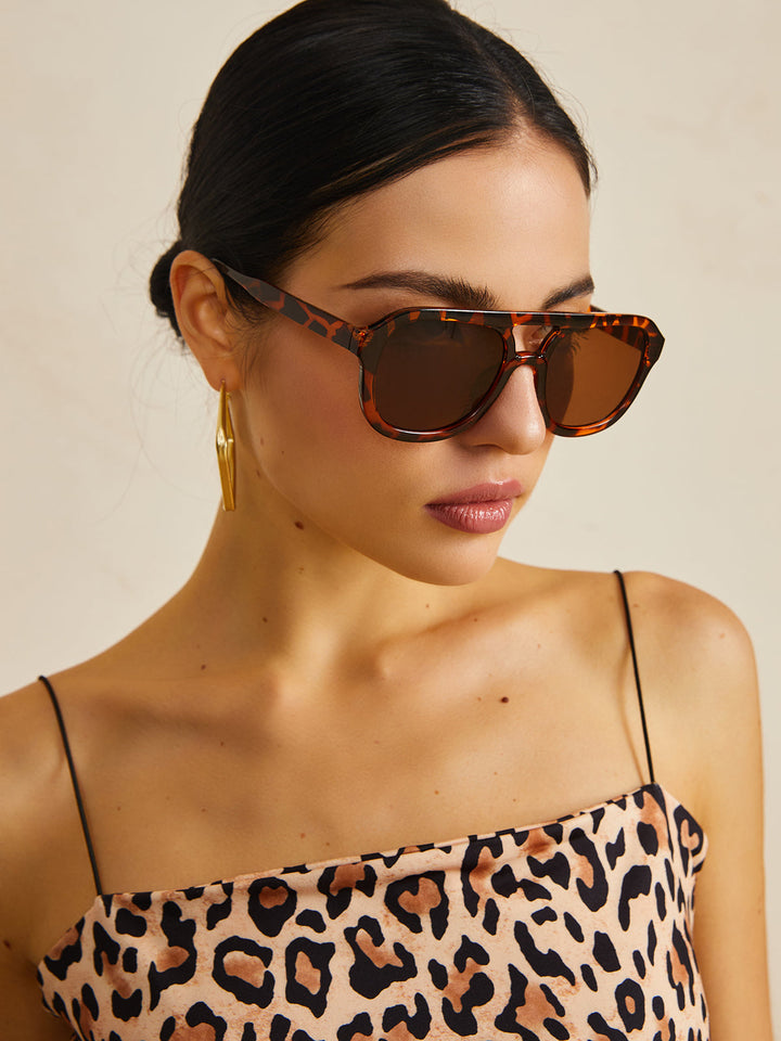 Sunglasses, brown tortoiseshell acetate frame, oversized aviator, acetate, Women