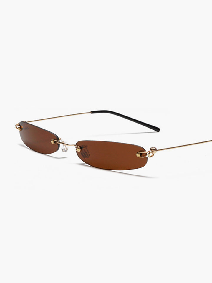 Sunglasses, brown rimless rectangular lenses, metal and plastic, Ladies