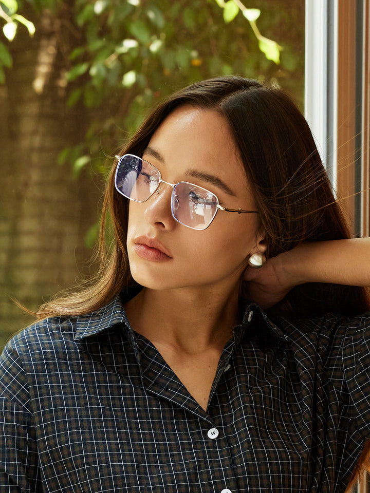 Brilliant, polished silver metal rectangular frame, Metal, Women's