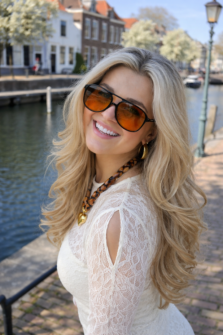 Sunglasses, black frame with orange lenses, plastic, Women's