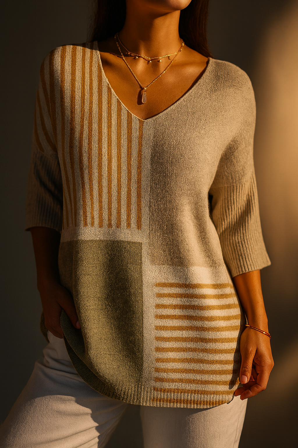 Casual Knit Sweater with Abstract Geometric Pattern for Women