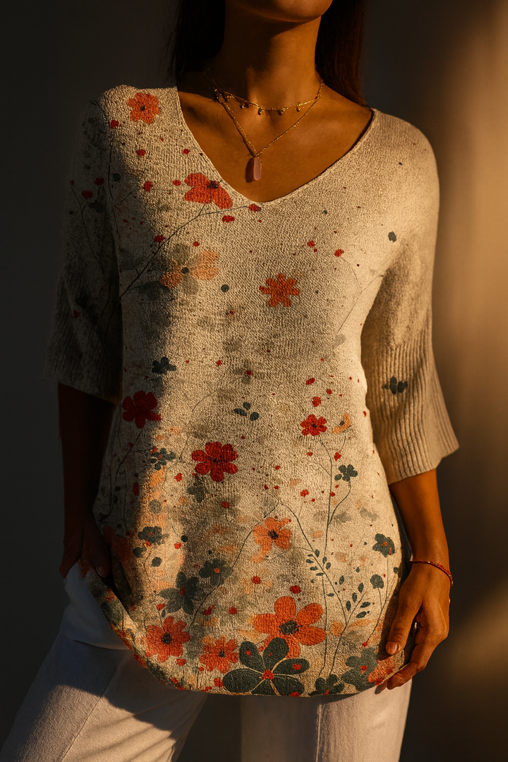 Casual Knit Pullover with Vintage Floral Pattern for Women