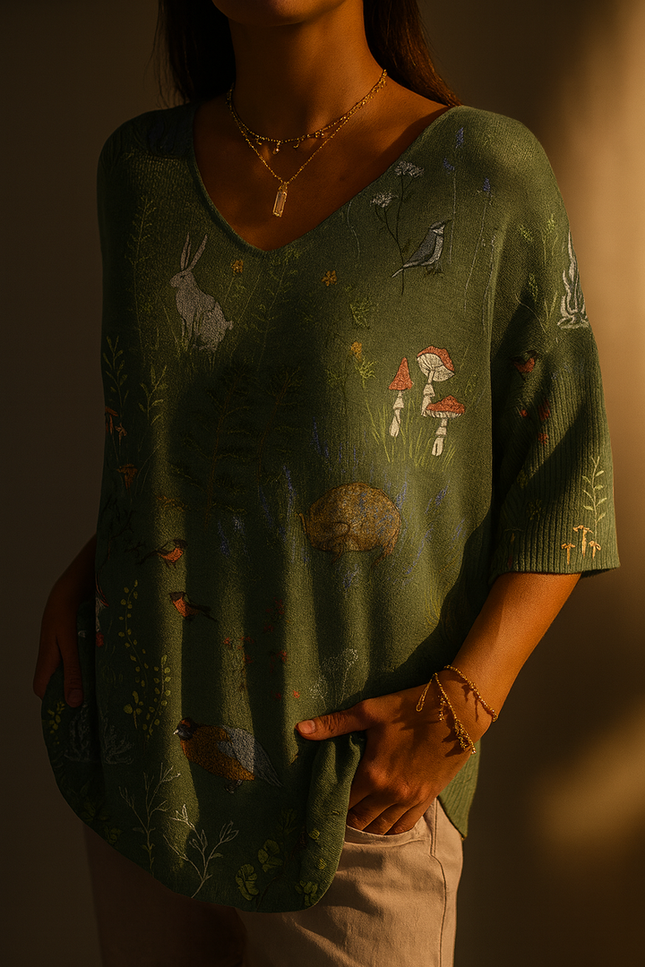 Forest Pattern Sweater with Animals for Women