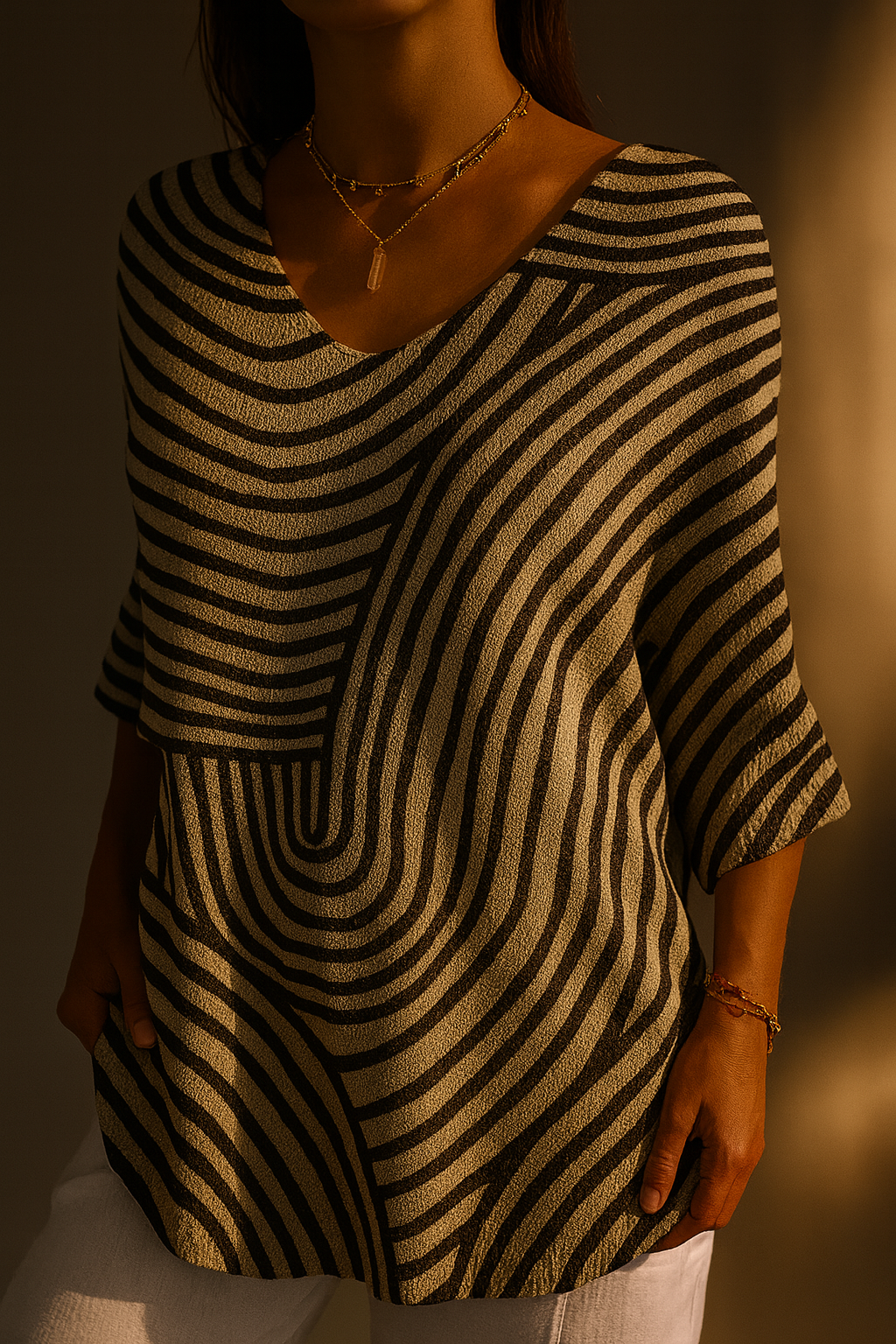Casual Knit Sweater with Retro Geometric Pattern for Women