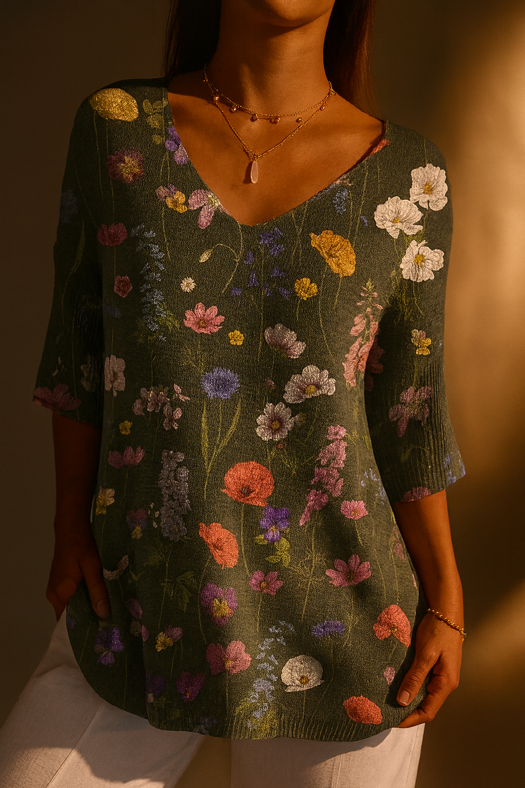 Casual Knit Sweater with Spring Botanical Print for Women