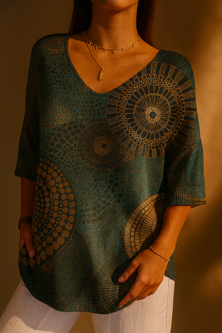 Casual knit pullover with vintage abstract geometric pattern for women
