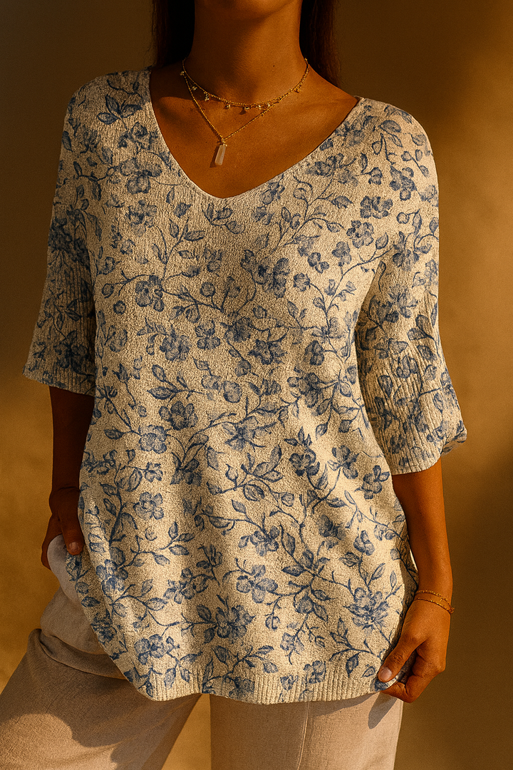 Casual Knit Sweater with Blue Floral Pattern for Women