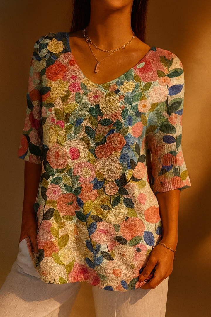 Colorful Floral Pattern Knit Pullover for Women
