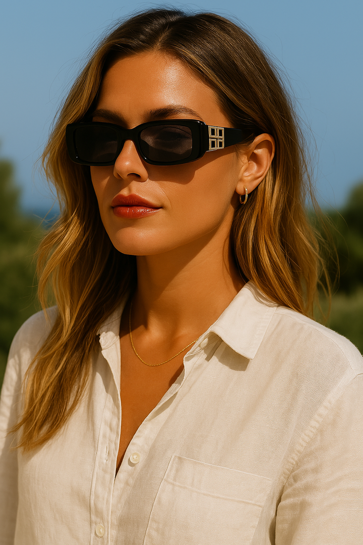 Sunglasses, gold-colored metal logo detail, acetate and metal, black, Women's