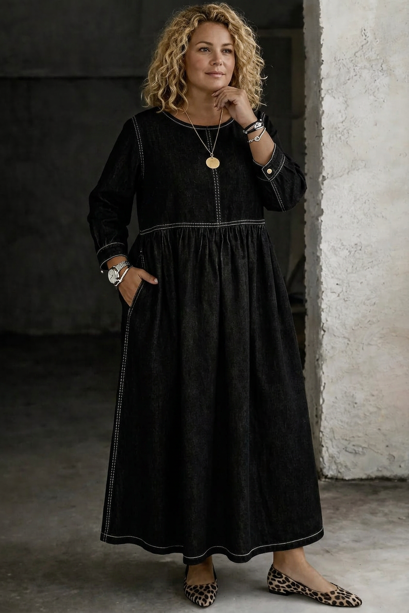Melissa | Round Neck Long Sleeve Denim Dress