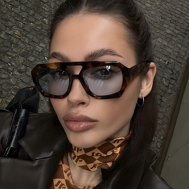 Sunglasses, geometric frame with double bridge, acetate, yellow/brown, Women's