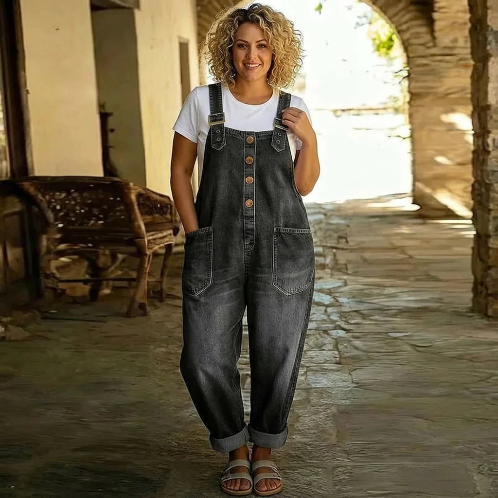 Mae | Vintage Soft Cotton Denim-Look Overalls with Adjustable Straps
