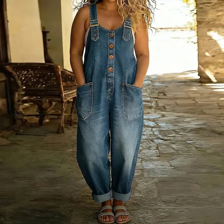 Mae | Vintage Soft Cotton Denim-Look Overalls with Adjustable Straps