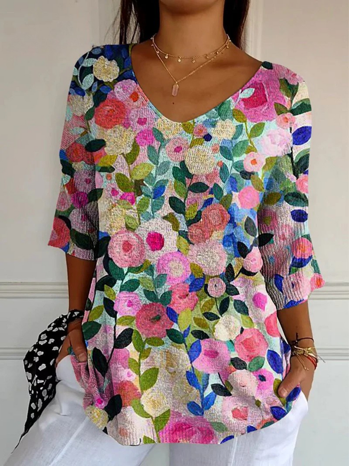 Colorful Floral Pattern Knit Pullover for Women