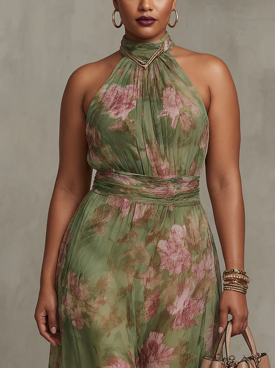Florence | Green Floral Chiffon Halter Maxi Dress