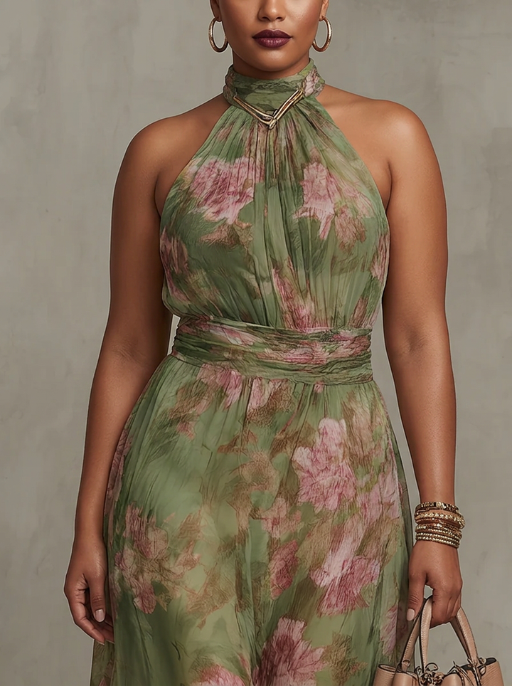 Florence | Green Floral Chiffon Halter Maxi Dress