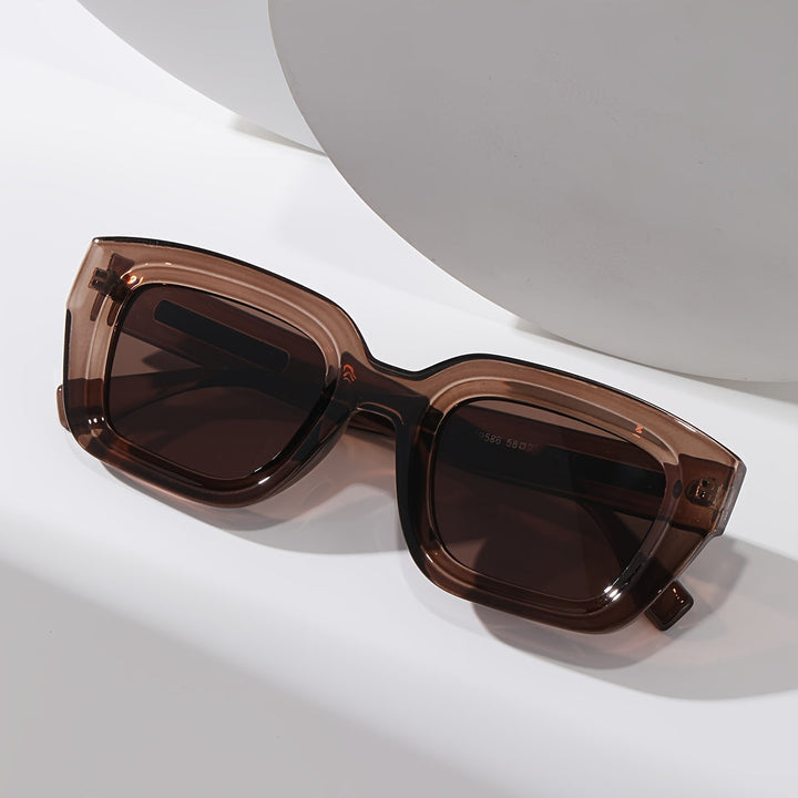 Sunglasses, brown chunky translucent square frame with metal temple accent, acetate, Women