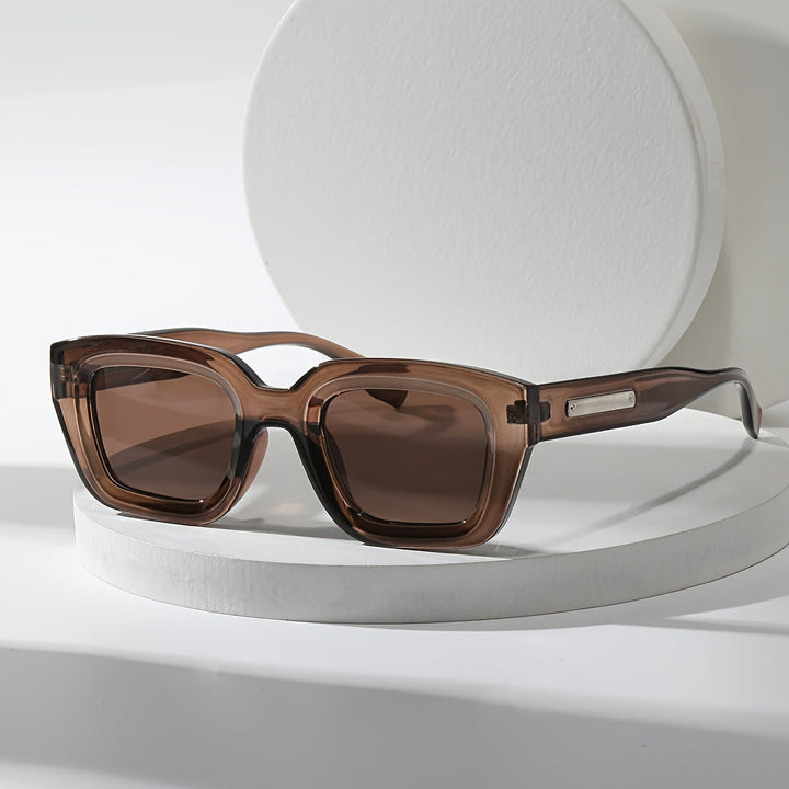 Sunglasses, brown chunky translucent square frame with metal temple accent, acetate, Women