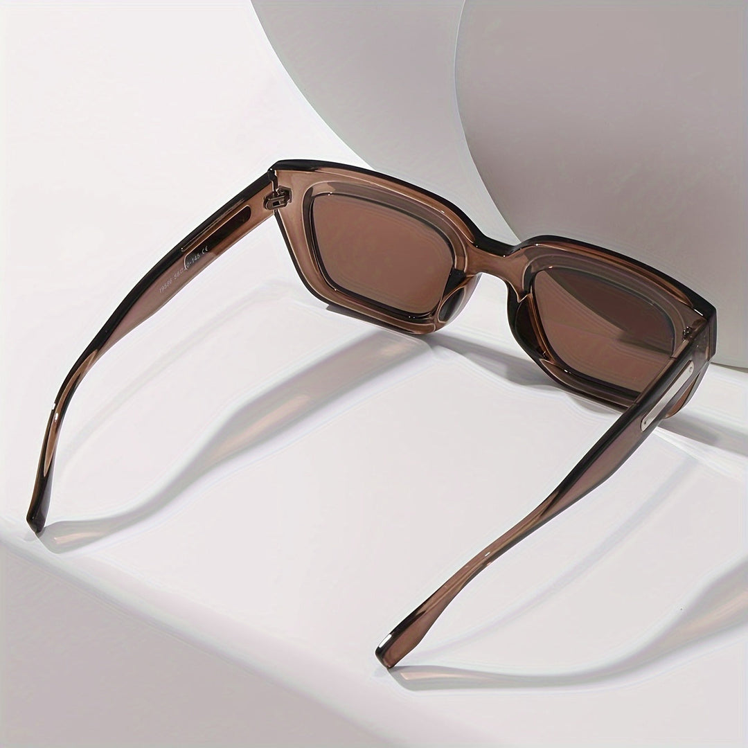 Sunglasses, brown chunky translucent square frame with metal temple accent, acetate, Women