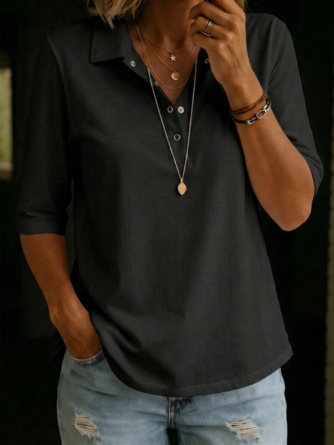 Aaliyah | Women's Wool-Blend Knit Polo, V-Neck Three-Quarter Sleeve Jumper | The Shrader Sisters | Blue