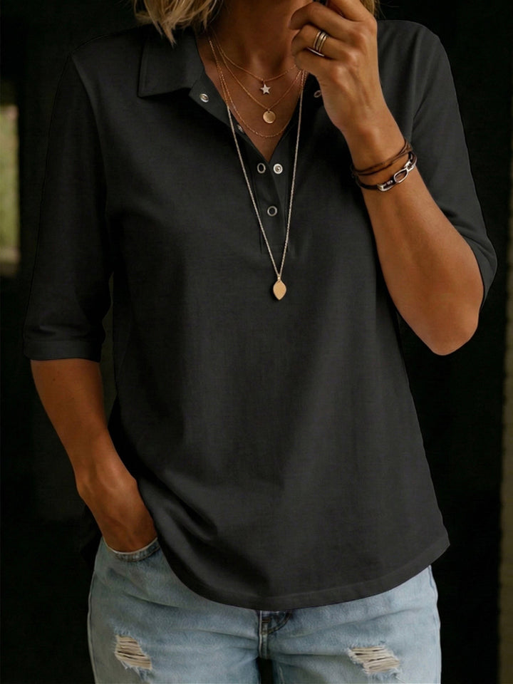 Aaliyah | Women's Wool-Blend Knit Polo, V-Neck Three-Quarter Sleeve Jumper | The Shrader Sisters | Blue