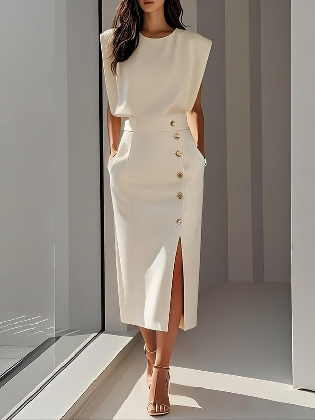 Abbey | Women's Button Front Sleeveless Midi Dress, Round Neckline Midi Dress | The Shrader Sisters | Beige