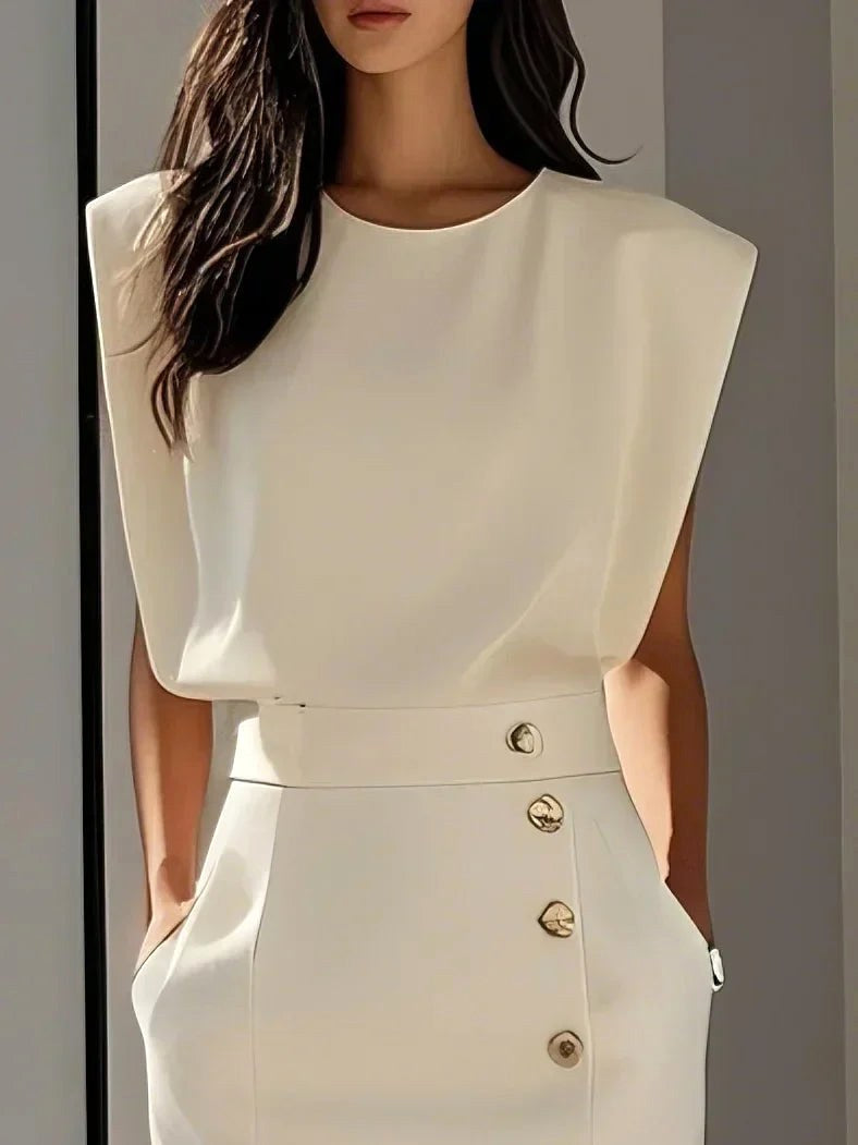 Abbey | Women's Button Front Sleeveless Midi Dress, Round Neckline Midi Dress | The Shrader Sisters