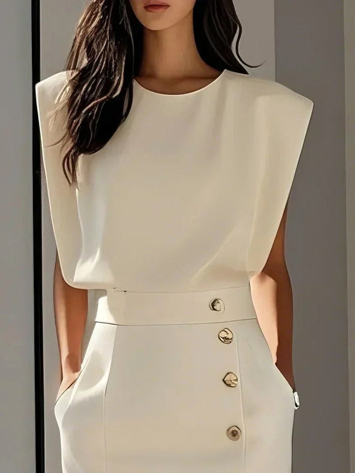 Abbey | Women's Button Front Sleeveless Midi Dress, Round Neckline Midi Dress | The Shrader Sisters
