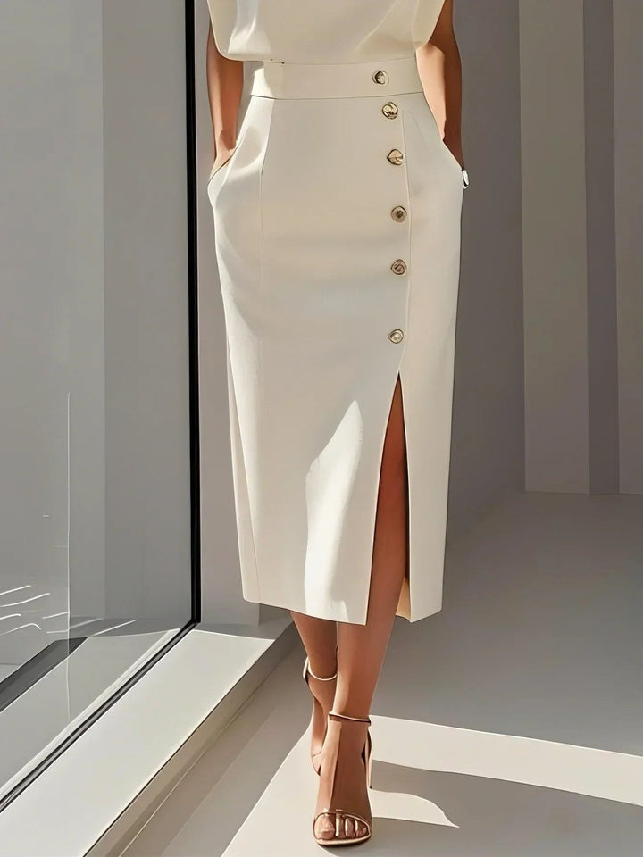 Abbey | Women's Button Front Sleeveless Midi Dress, Round Neckline Midi Dress | The Shrader Sisters