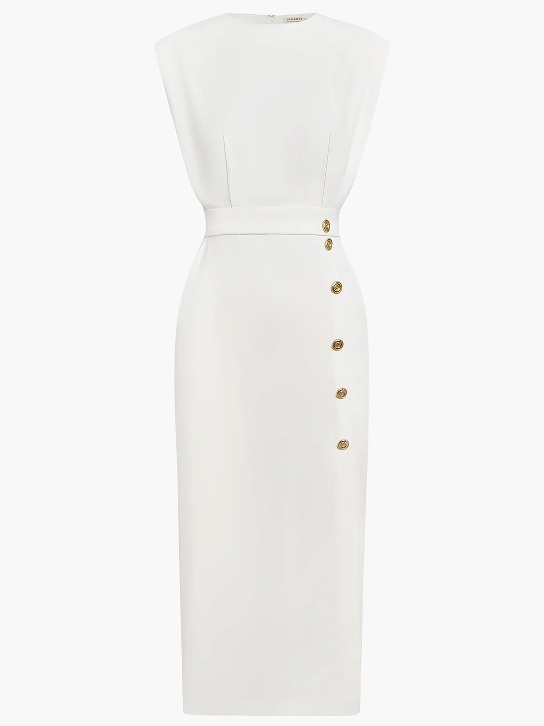 Abbey | Women's Button Front Sleeveless Midi Dress, Round Neckline Midi Dress | The Shrader Sisters