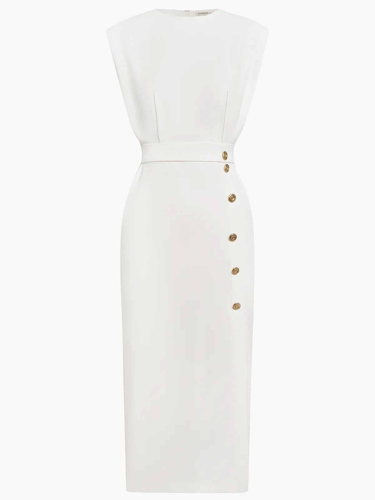 Abbey | Women's Button Front Sleeveless Midi Dress, Round Neckline Midi Dress | The Shrader Sisters