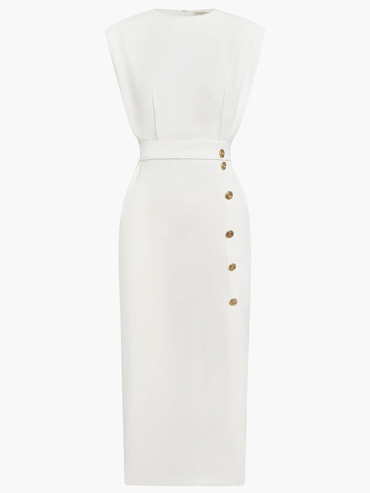 Abbey | Women's Button Front Sleeveless Midi Dress, Round Neckline Midi Dress | The Shrader Sisters
