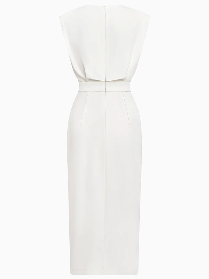 Abbey | Women's Button Front Sleeveless Midi Dress, Round Neckline Midi Dress | The Shrader Sisters