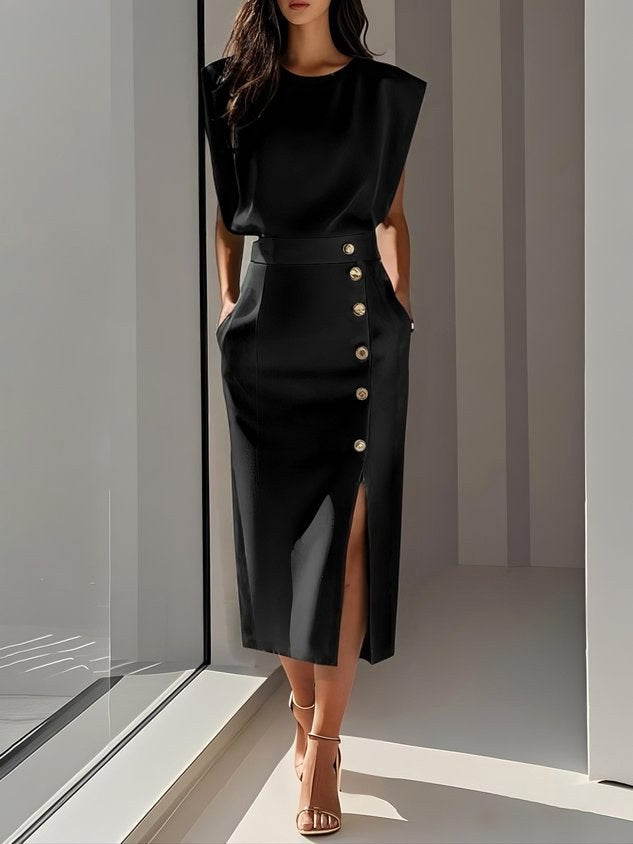 Abbey | Women's Button Front Sleeveless Midi Dress, Round Neckline Midi Dress | The Shrader Sisters | Black