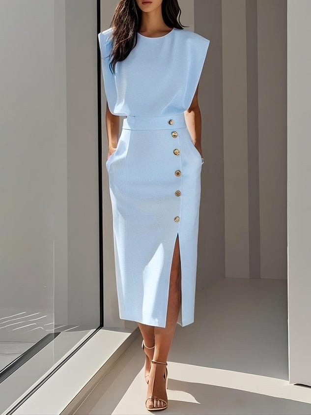 Abbey | Women's Button Front Sleeveless Midi Dress, Round Neckline Midi Dress | The Shrader Sisters | Light Blue