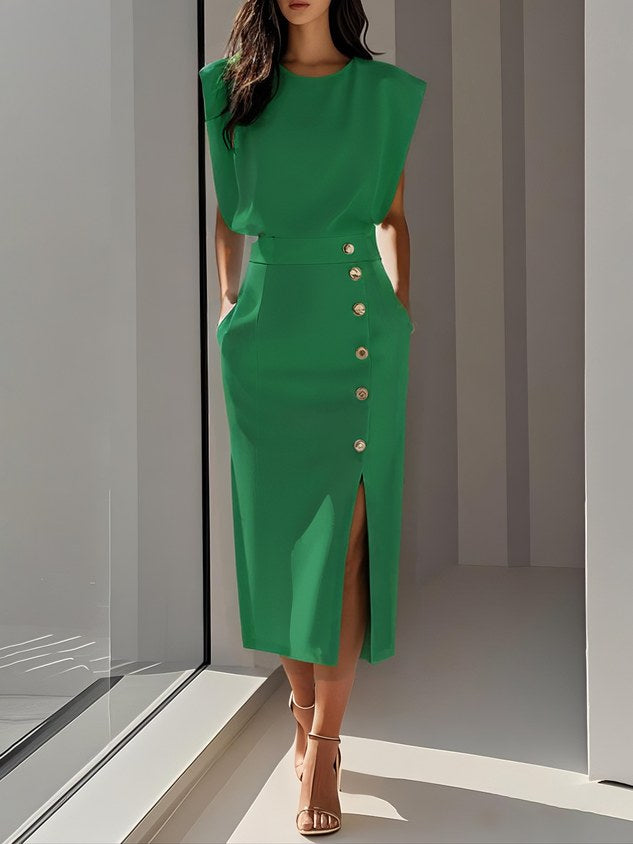 Abbey | Women's Button Front Sleeveless Midi Dress, Round Neckline Midi Dress | The Shrader Sisters | Green